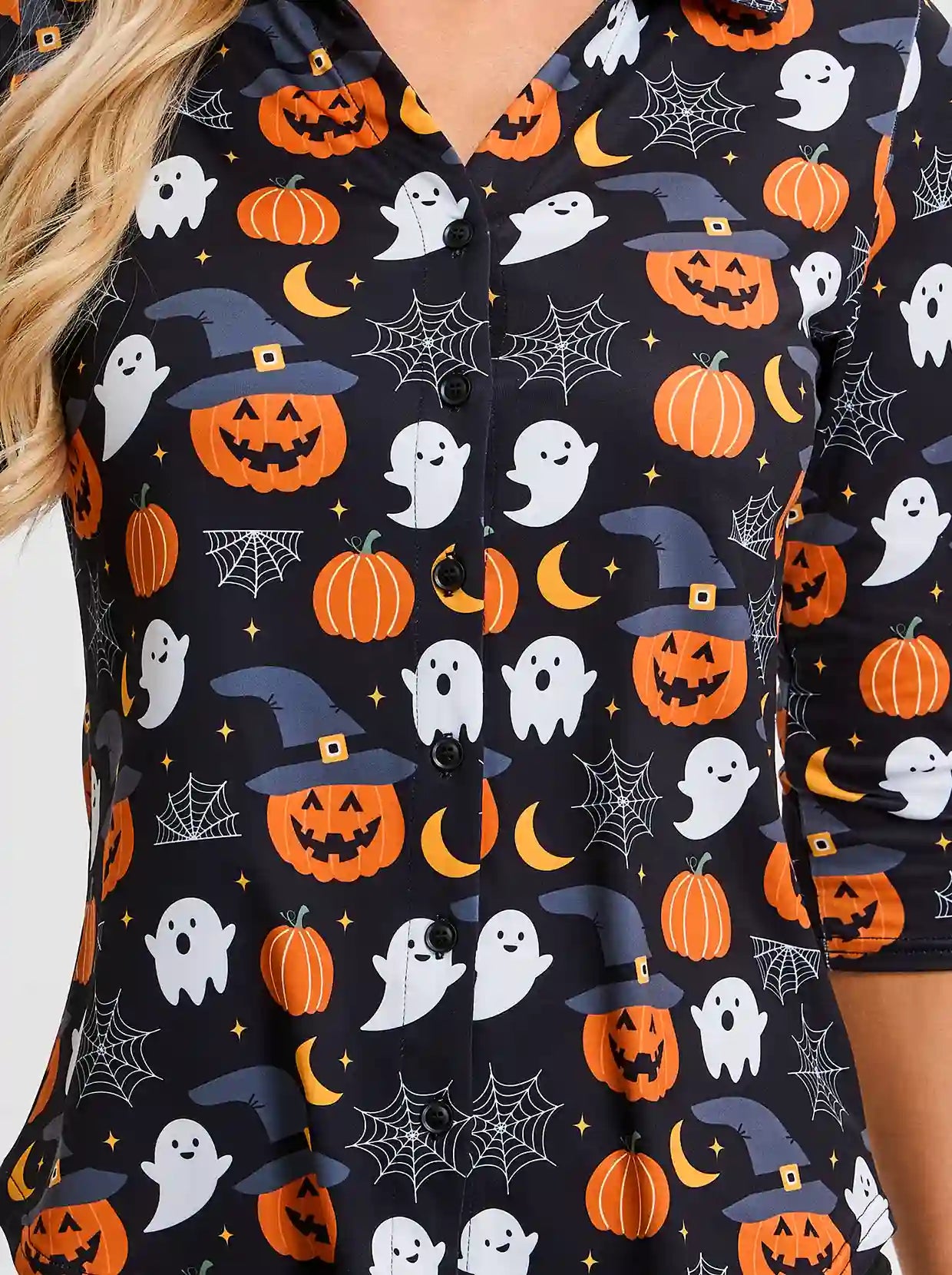 Halloween Pumpkin Ghost V-Neck Button Down 3/4 Sleeve Shirt for Women