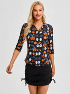 Halloween Pumpkin Ghost V-Neck Button Down 3/4 Sleeve Shirt for Women