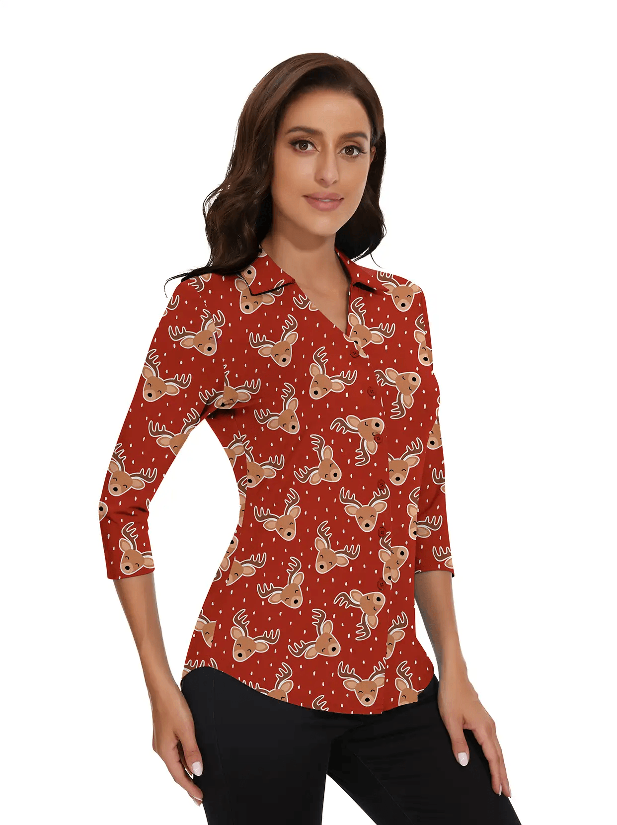 Christmas Red Reindeer V-Neck Button Down 3/4 Sleeve Shirt for Women