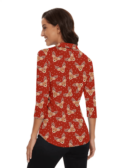 Christmas Red Reindeer V-Neck Button Down 3/4 Sleeve Shirt for Women