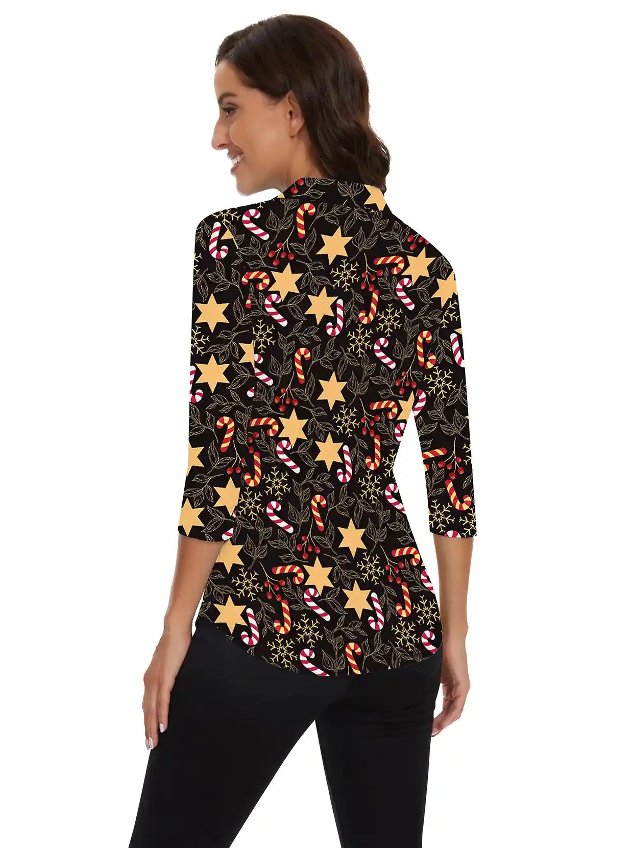 Christmas Golden Star Pattern V-Neck 3/4 Sleeve Blouse