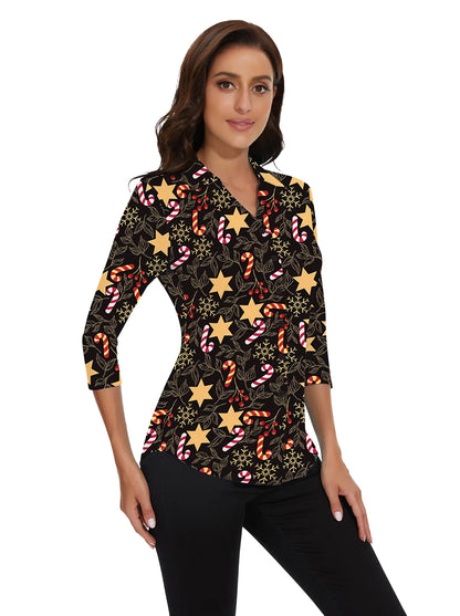 Christmas Golden Star Pattern V-Neck 3/4 Sleeve Blouse