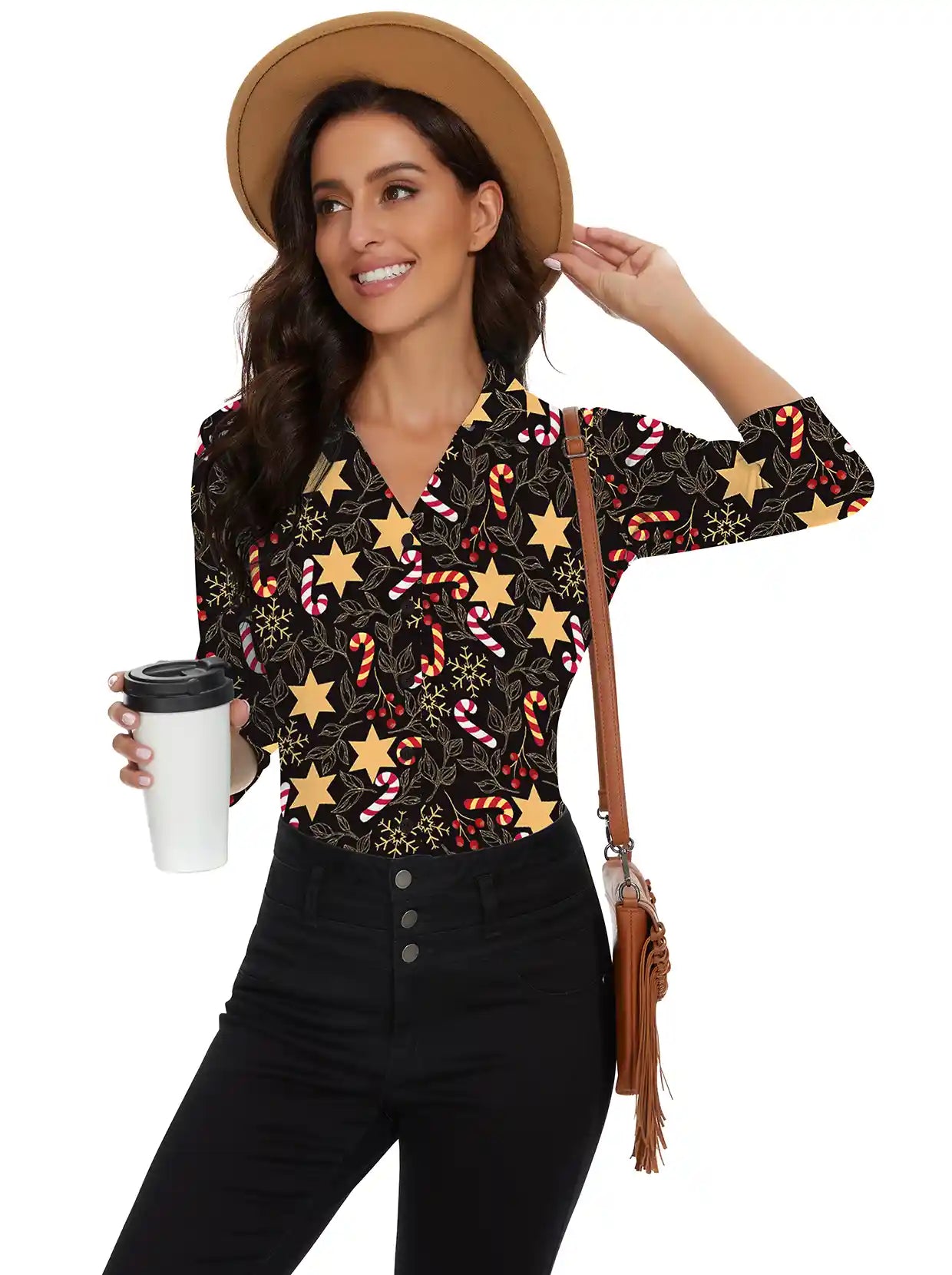 Christmas Golden Star Pattern V-Neck 3/4 Sleeve Blouse