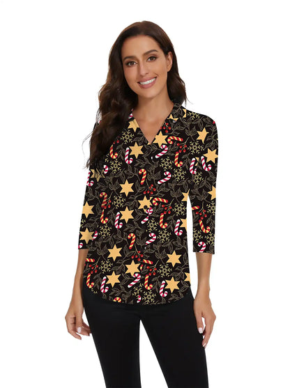 Christmas Golden Star Pattern V-Neck 3/4 Sleeve Blouse