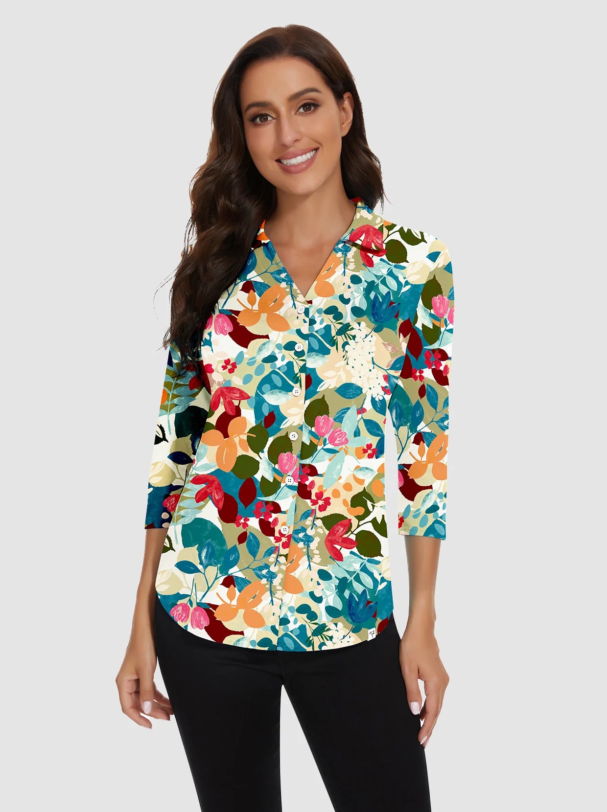 V-neck Button-Down 3/4 Sleeve Polo Shirts