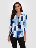 Blue Geometric V-neck Button-Down 3/4 Sleeve Polo Shirt For Women