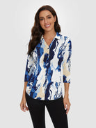 Blue Crack V-neck Button-Down 3/4 Sleeve Polo Shirt For Women 