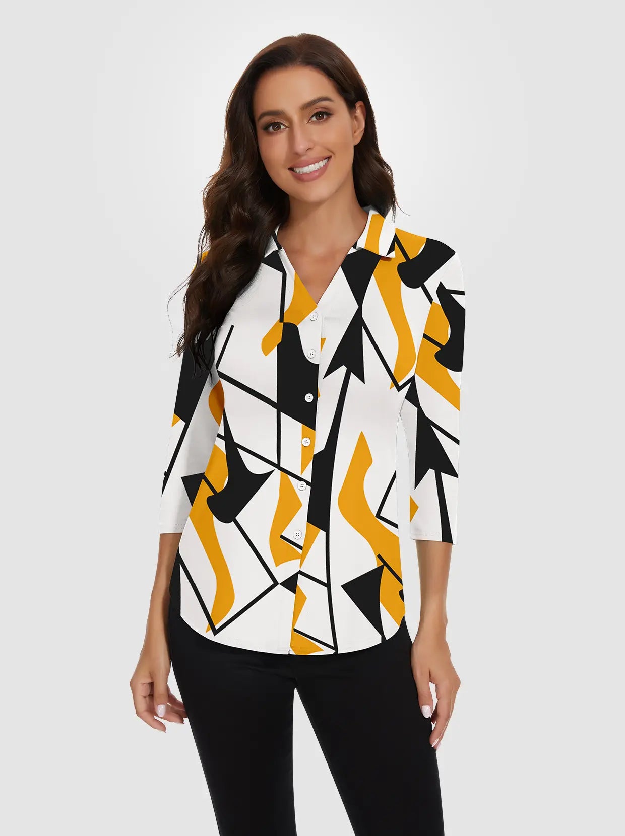 Yellow and Black Geometric Button-Down 3/4 Sleeve Polo Shirt 