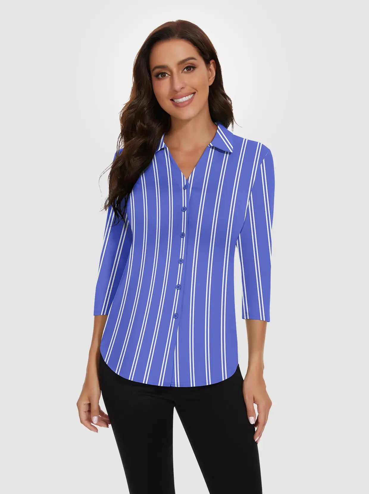 White Stripe V-neck  Button-Down 3/4 Sleeve Polo Shirt