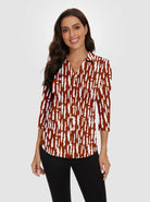 Brown Abstract V-neck  Button-Down 3/4 Sleeve Polo Shirt 