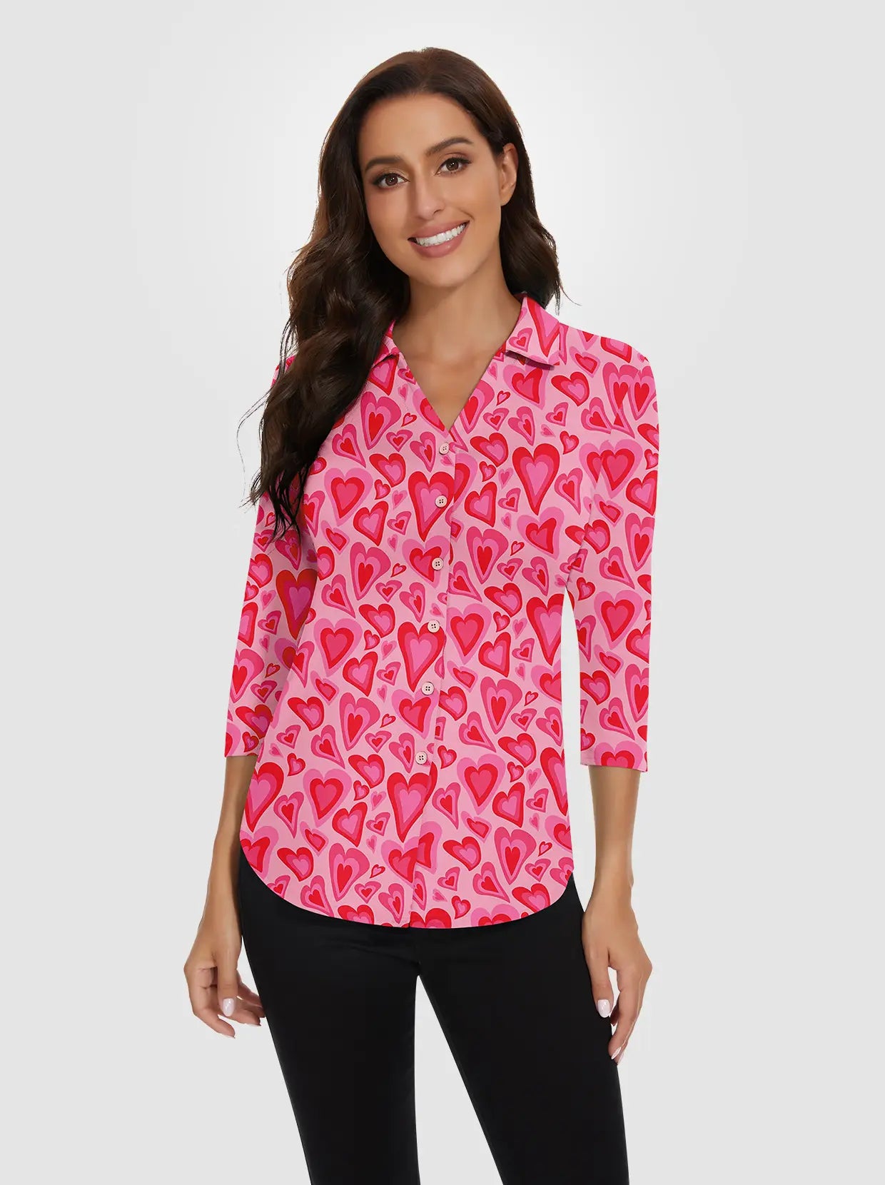 Pink Heart V-neck  Button-Down 3/4 Sleeve Polo Shirt 