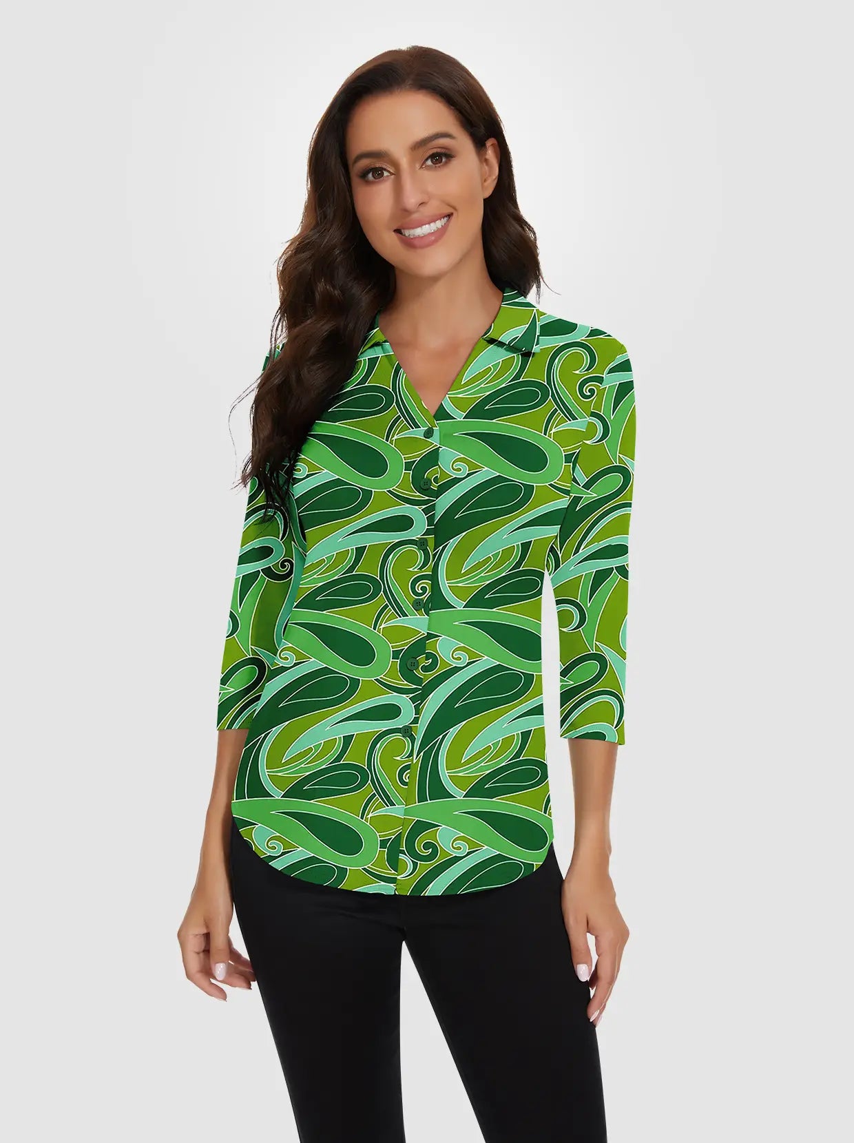 Green Print V-neck  Button-Down 3/4 Sleeve Polo Shirt 