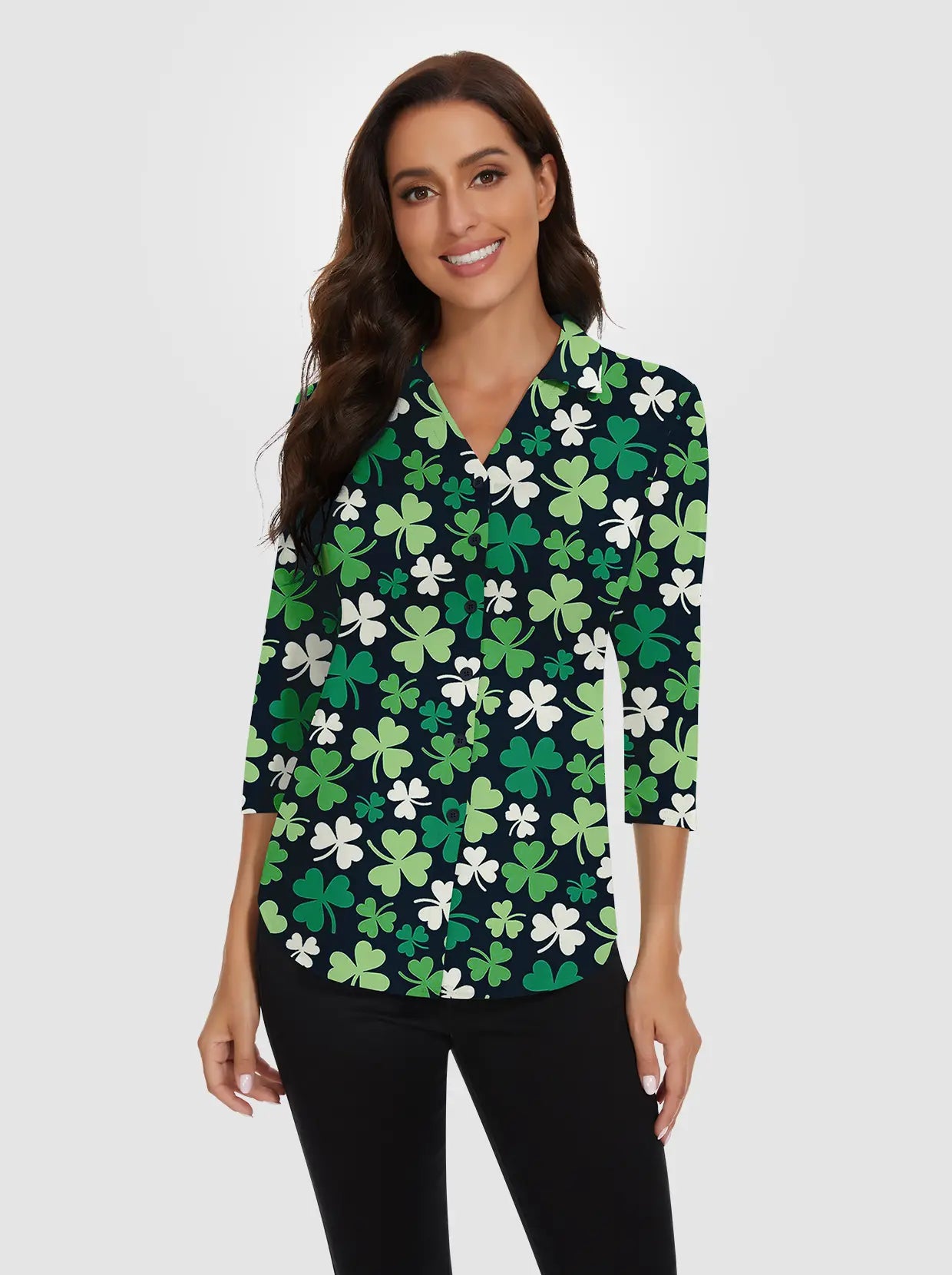 Green Clover V-neck  Button-Down 3/4 Sleeve Polo Shirt 