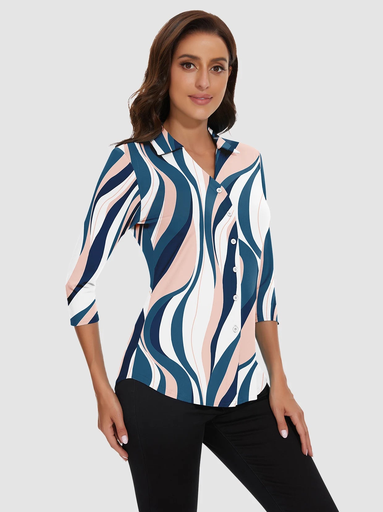 V-neck Button-Down 3/4 Sleeve Polo Shirts