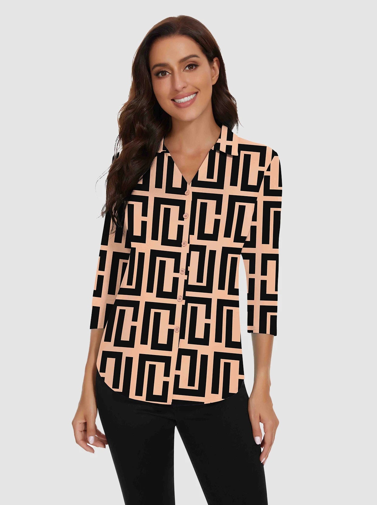 V-neck Button-Down 3/4 Sleeve Polo Shirts