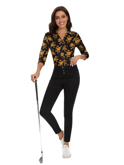 Yellow Floral on Black Background V-Neck Button Down 3/4 Sleeve Shirt for Women