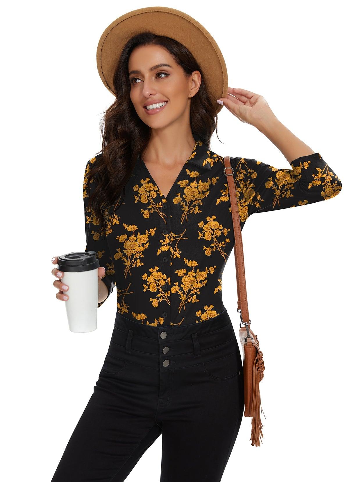 Yellow Floral on Black Background V-Neck Button Down 3/4 Sleeve Shirt for Women