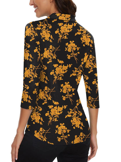 Yellow Floral on Black Background V-Neck Button Down 3/4 Sleeve Shirt for Women