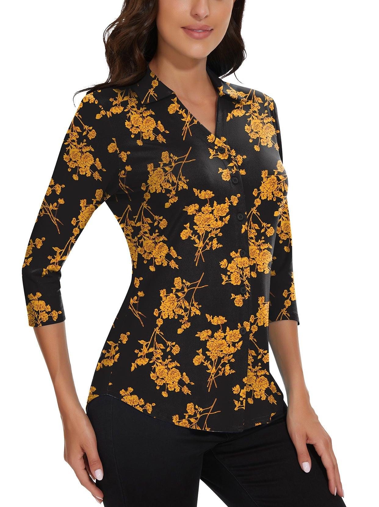 Yellow Floral on Black Background V-Neck Button Down 3/4 Sleeve Shirt for Women