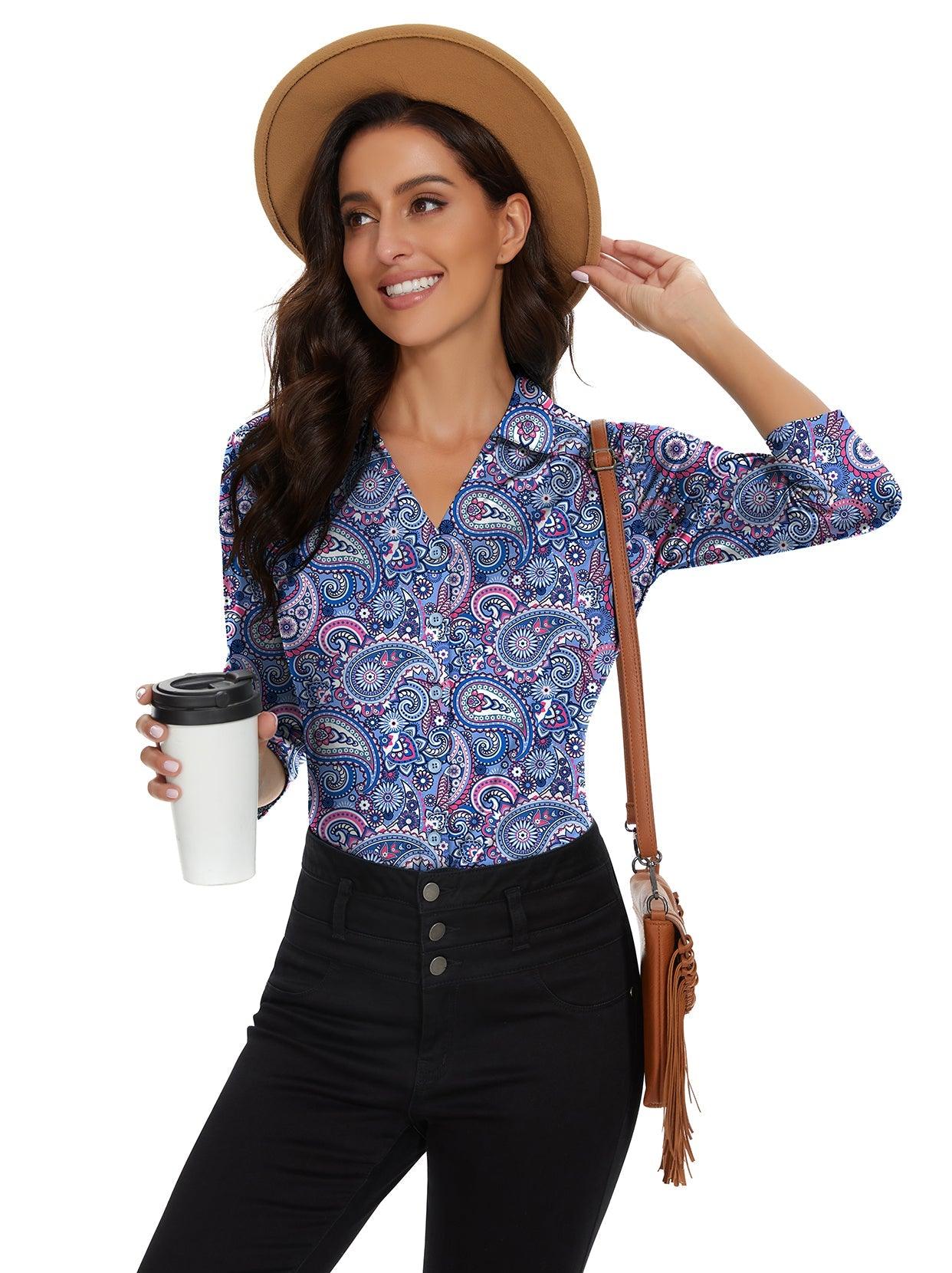 Blue Paisley V-Neck Button Down 3/4 Sleeve Shirt for Women