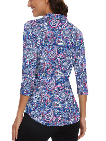 Blue Paisley V-Neck Button Down 3/4 Sleeve Shirt for Women