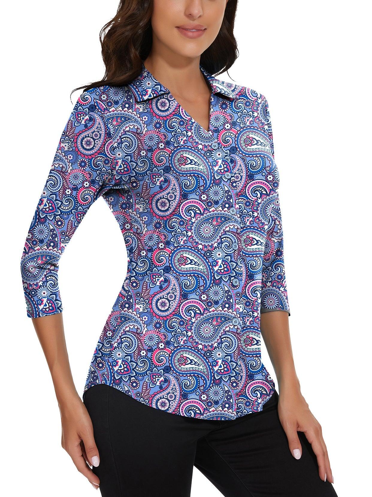 Blue Paisley V-Neck Button Down 3/4 Sleeve Shirt for Women