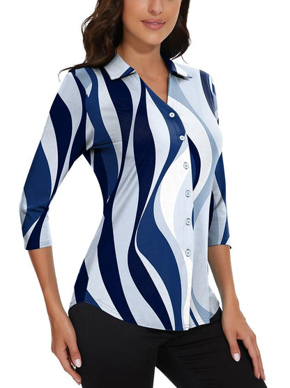 Light Blue and Dark Blue Water Ripples V-Neck Button Down 3/4 Sleeve Shirt for Women