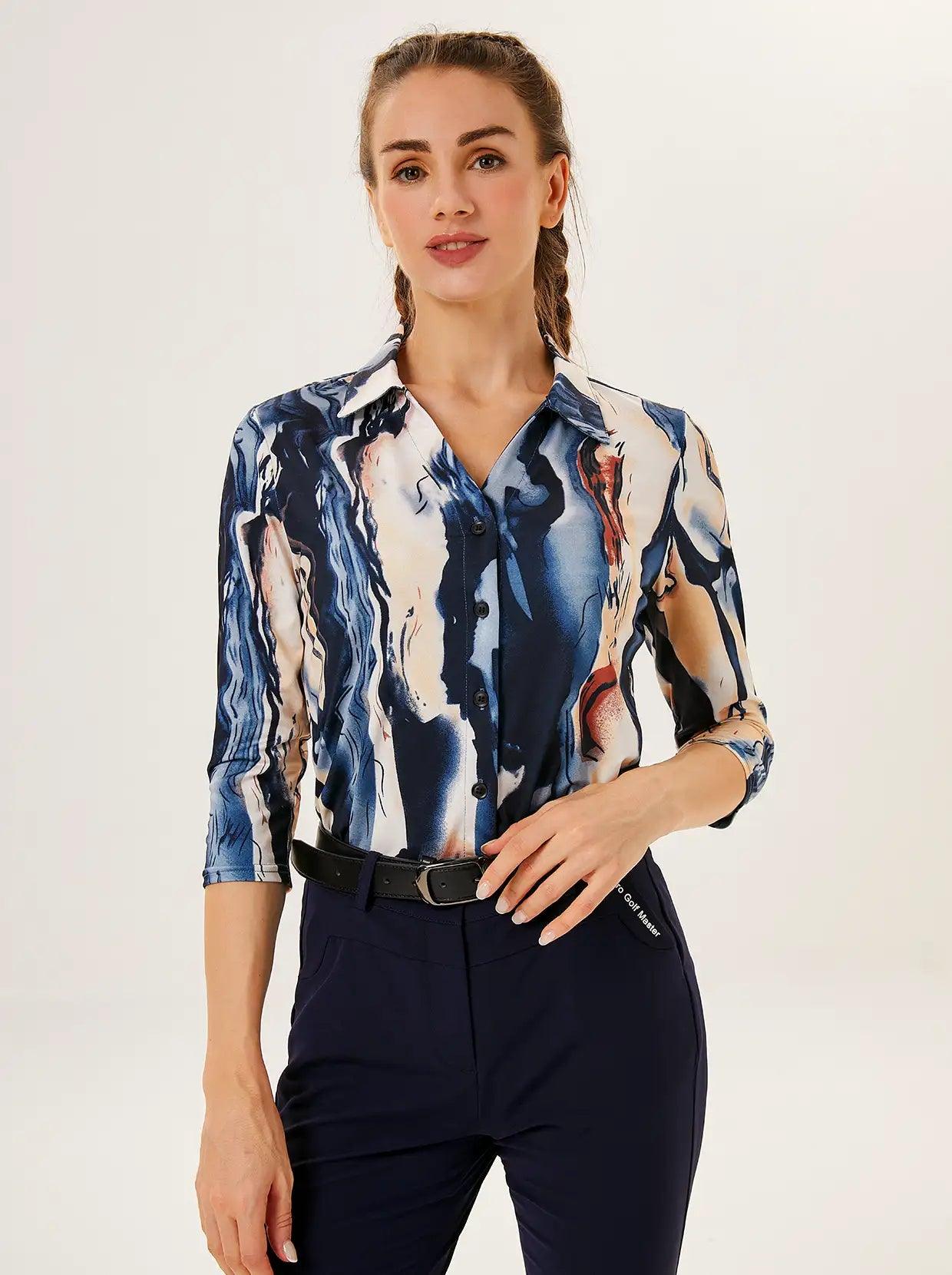 Crack Prints V-Neck Button Down 3/4 Sleeve Shirt - Suitable for Outgoings