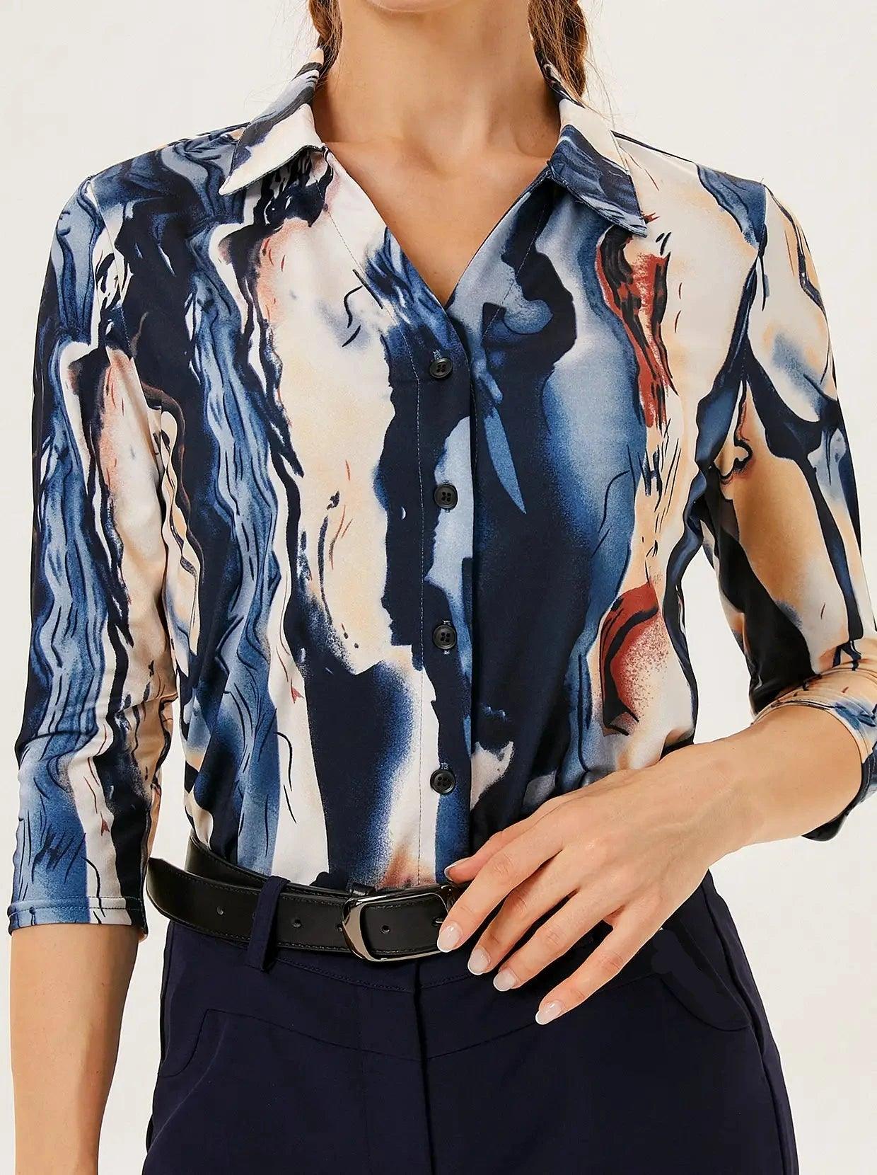 Crack Prints V-Neck Button Down 3/4 Sleeve Shirt - Suitable for Outgoings