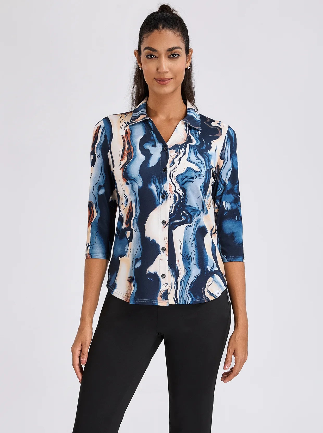 Marble Texture Prints V-Neck Button Down 3/4 Sleeve Shirt