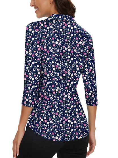 Floral on Dark Blue Background V-Neck Button Down 3/4 Sleeve Shirt