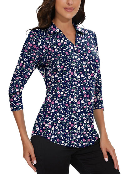 Floral on Dark Blue Background V-Neck Button Down 3/4 Sleeve Shirt