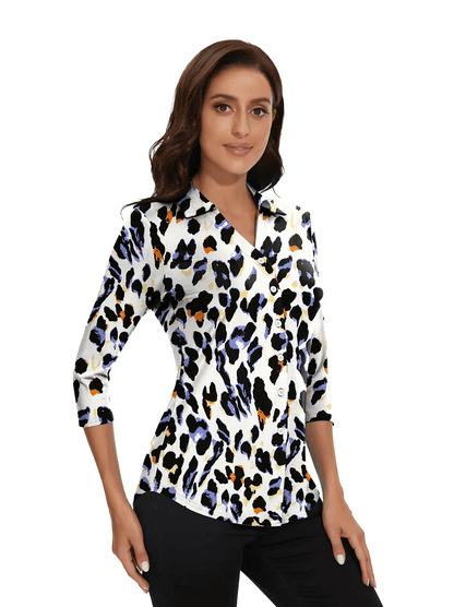 Leopard Print 3/4 Sleeve Button Down Golf Shirt - Suitable for Office