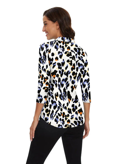 Leopard Print 3/4 Sleeve Button Down Golf Shirt - Suitable for Office