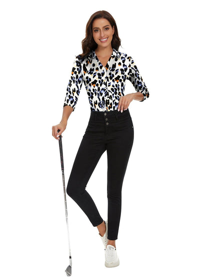 Leopard Print 3/4 Sleeve Button Down Golf Shirt - Suitable for Office