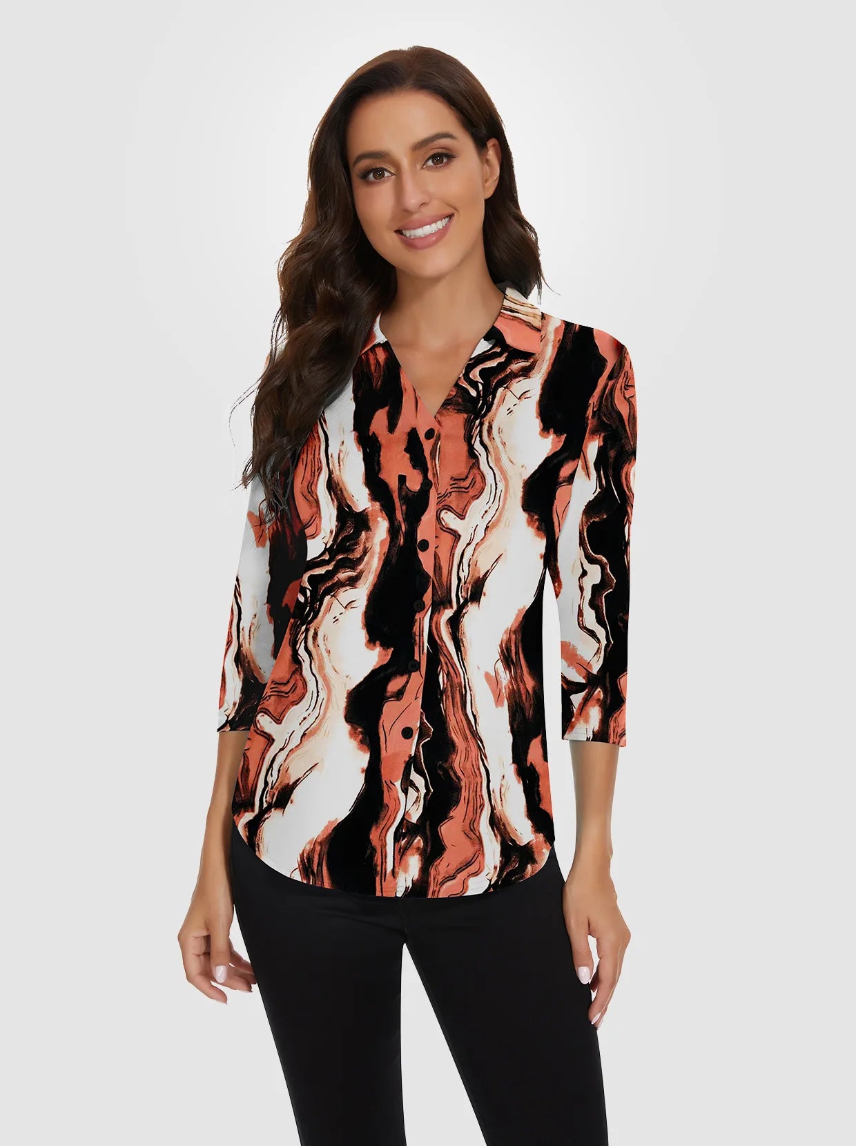 Orange Crack V-neck Button-Down 3/4 Sleeve Polo Shirt For Women