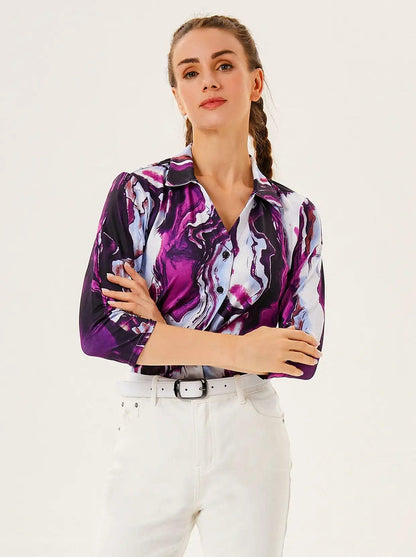 Purple Crack V-Neck Button Down 3/4 Sleeve Shirt - Suitable for Outdoor Activities