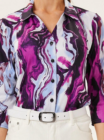 Purple Crack V-Neck Button Down 3/4 Sleeve Shirt - Suitable for Outdoor Activities