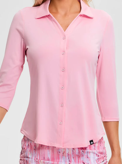 Solid Pink V-neck Button-Down 3/4 Sleeve Shirt For Women