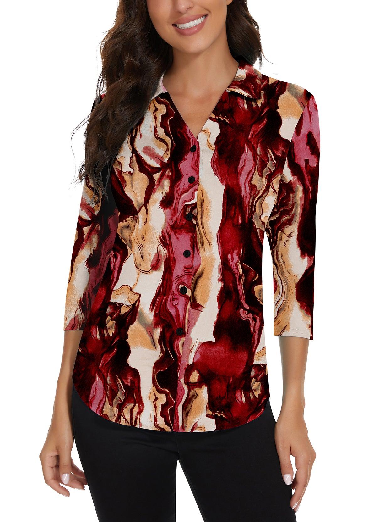 Red Crack V-Neck Button Down 3/4 Sleeve Shirt for Women