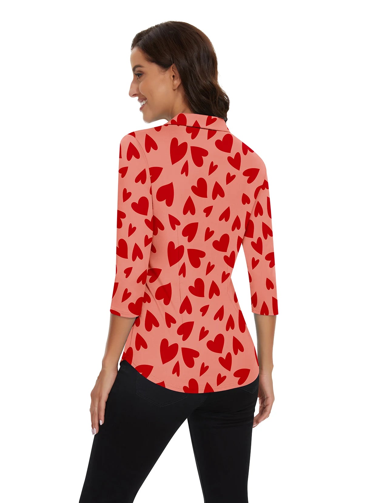 Red Heart V-neck Button-Down 3/4 Sleeve Polo Shirt For Women