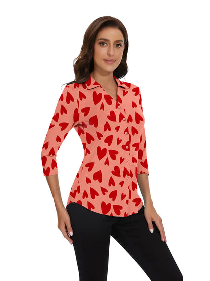 Red Heart V-neck Button-Down 3/4 Sleeve Polo Shirt For Women