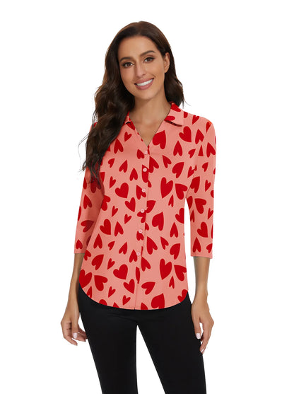 Red Heart V-neck Button-Down 3/4 Sleeve Shirt For Women 