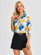 Blue and Yellow Floral V-neck Button-Down 3/4 Sleeve Shirt For Women