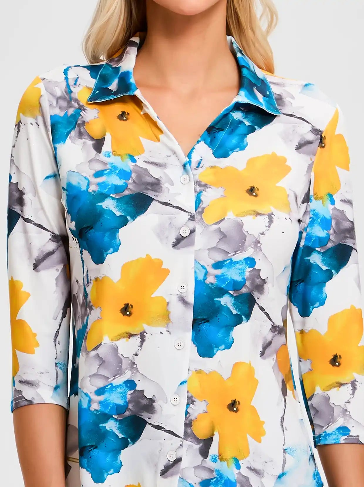 Blue and Yellow Floral V-neck Button-Down 3/4 Sleeve Shirt For Women