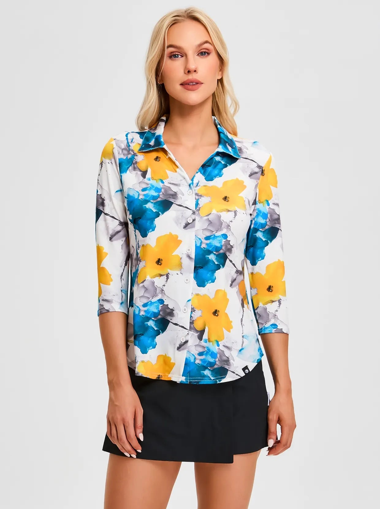 Blue and Yellow Floral V-neck Button-Down 3/4 Sleeve Shirt For Women