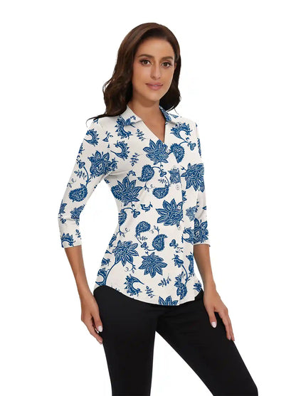 Blue Paisley V-neck Button-Down 3/4 Sleeve Golf Polo Shirt