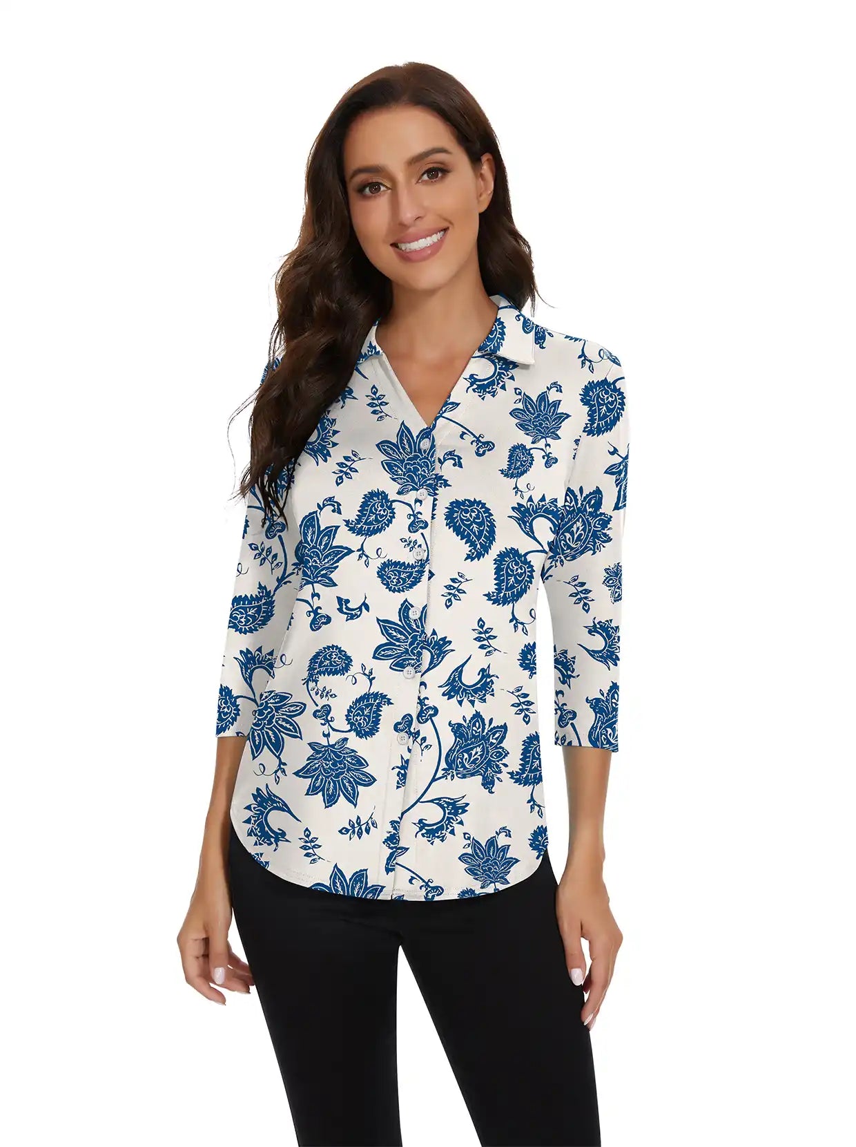 Blue Paisley V-neck Button-Down 3/4 Sleeve Polo Shirt For Women 