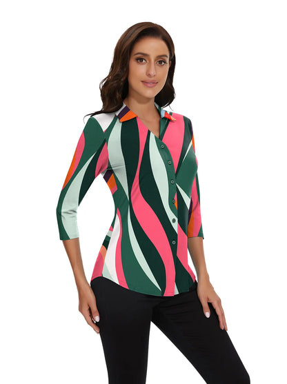 Geometic Print V-neck Button-Down 3/4 Sleeve Shirt For Women