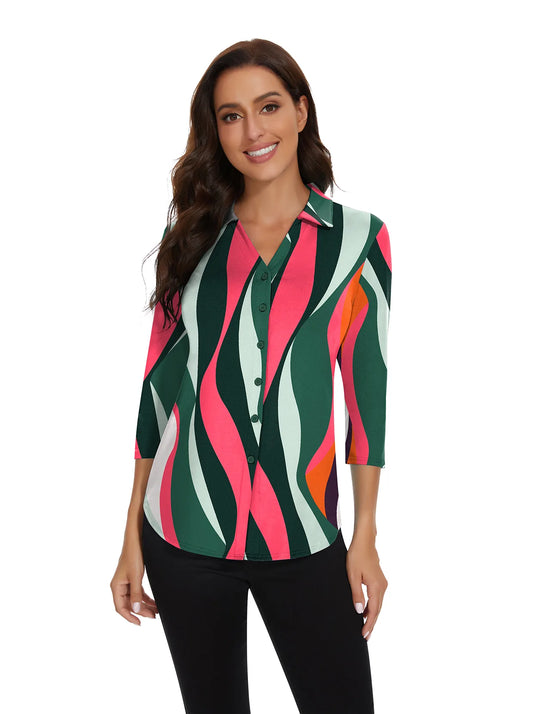 Geometic Print V-neck Button-Down 3/4 Sleeve Shirt For Women